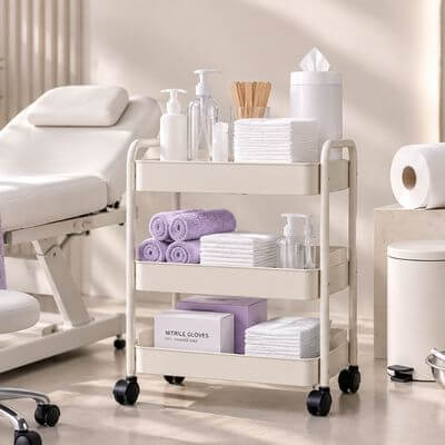 white beauty bed and white trolly with product on it, towels and lotions
